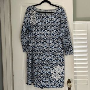 3/4 sleeve boatneck dress in whale tail print with beautiful appliqué on bottom